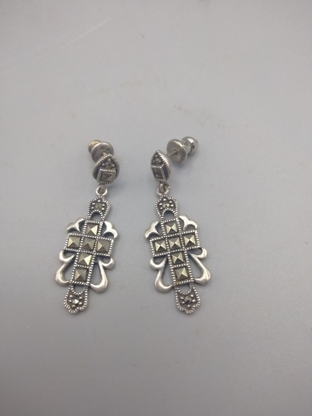 Sterling Silver Marcasite Cross Dangle Earrings